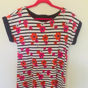 White Dress w/ Navy Blue Stripes and Flowers